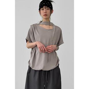 韩国代购26 tied balloon pin tuck half tee 设计师系带T恤上衣