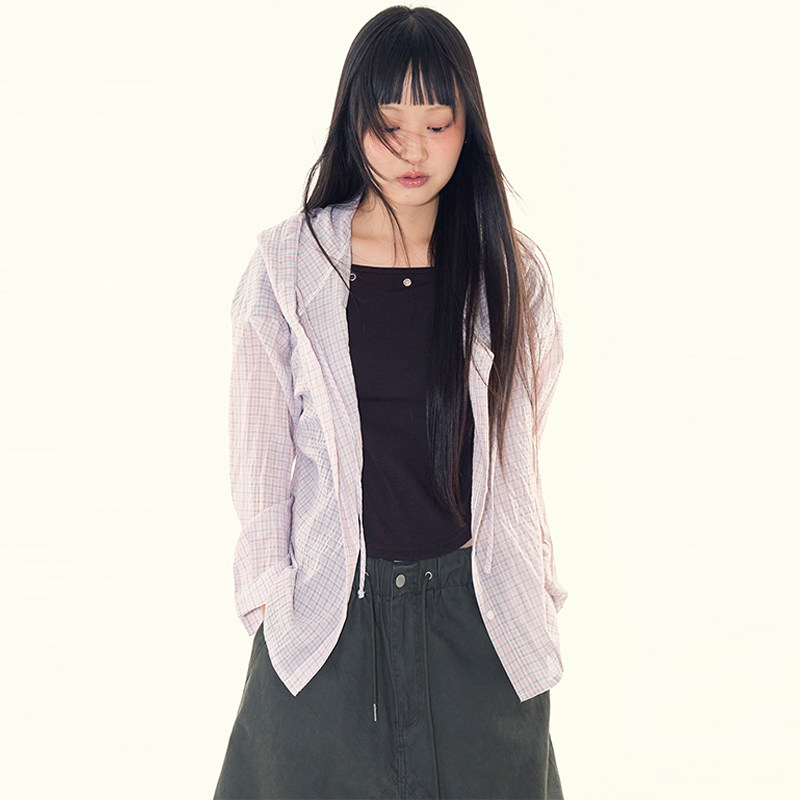 韩代Raucohouse格子长袖连帽衬衫