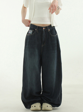 韩国代购24S/S soft dark blue wide jean 设计师款宽松牛仔裤女