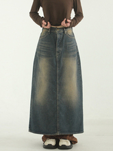 韩国代购23F/W brushed denim long skirt 水洗磨白牛仔裙复古女