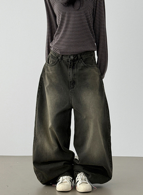 韩国代购25F/W brownish mega wide jean 设计师款水洗磨白牛仔裤