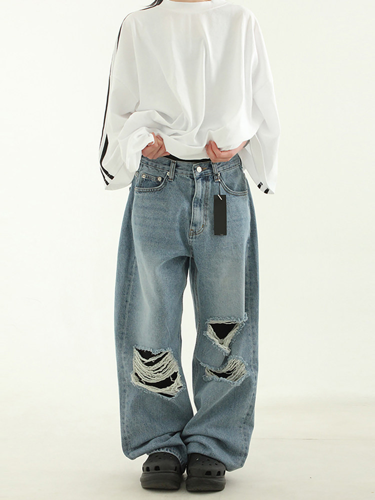 韩代23 natural blue wide cutting jean (unisex)破洞宽松牛仔裤