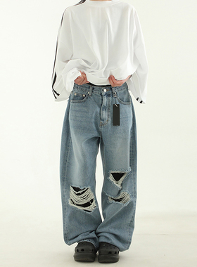 韩代23 natural blue wide cutting jean (unisex)破洞宽松牛仔裤