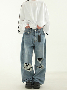 wide cutting jean 韩代23 破洞宽松牛仔裤 blue unisex natural