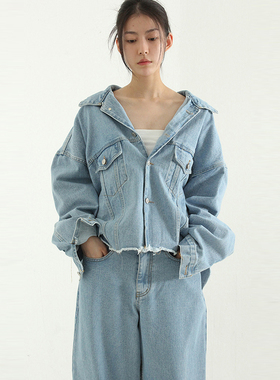 韩国代购 cutting denim jacket (unisex)设计师裁剪牛仔夹克外套