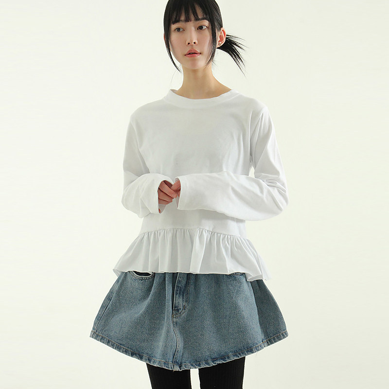 韩国代购25A/W basic frill cotton tee 设计师荷叶边长袖T恤百搭