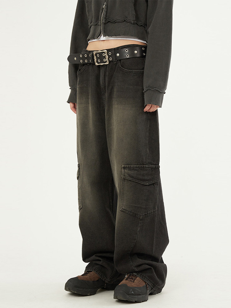 韩代Raucohouse  Slash knee cargo wide denim pants 做旧牛仔裤