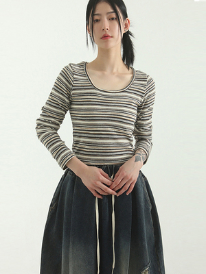 Localmansion韩代混色条纹长t恤