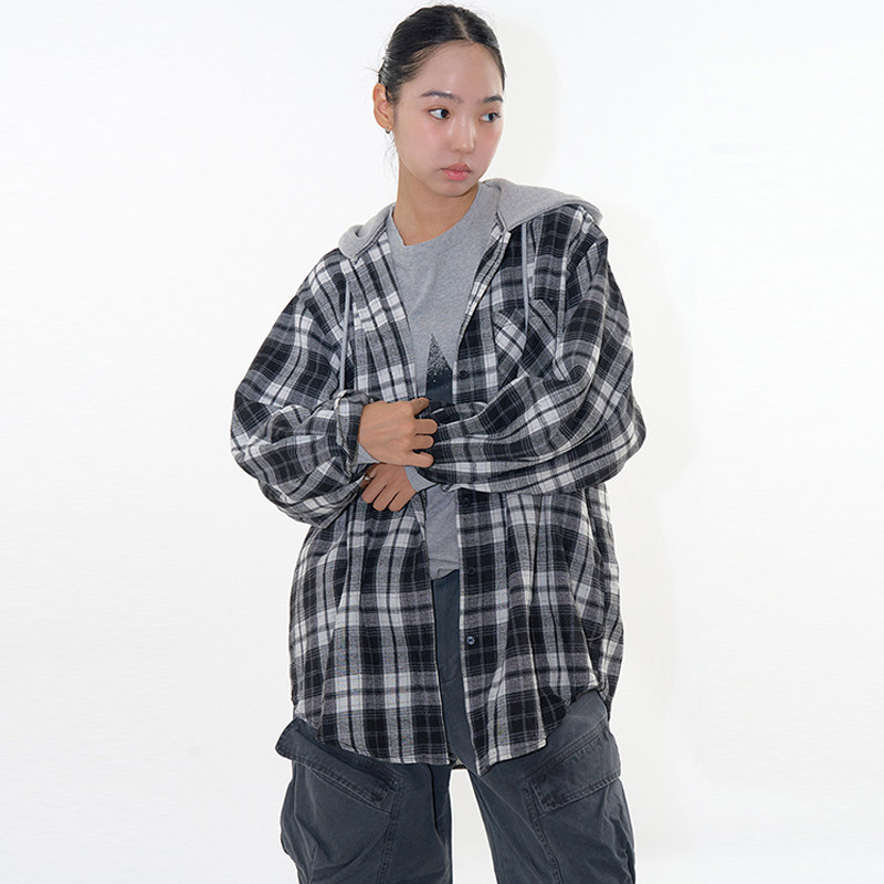 韩代Raucohouse长袖格子连帽衬衫