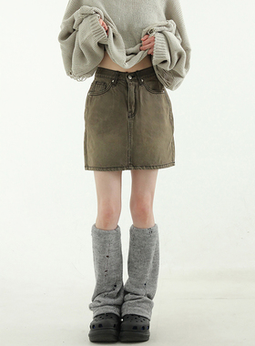 韩国代购24A/W brownish denim mini skirt 做旧棕色短裙