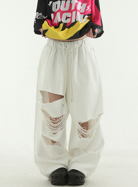 韩代23 white cutting balloon banding pants (unisex) 破洞长裤