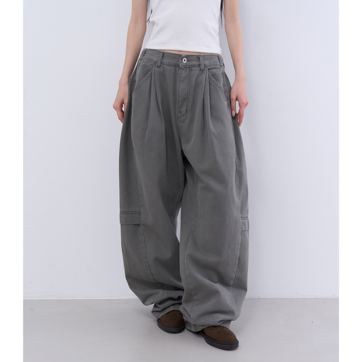 lowear韩代 out curve slit wide pants 设计师款松紧腰工装长裤