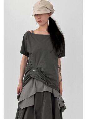 韩国代购26S/S silver tag pin tuck half tee 设计师褶皱短袖T恤