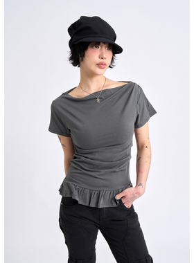 Raucohouse韩代 Drape Frill Slim Tee 不对称木耳边短袖T恤百搭