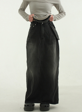 韩国代购24A/W hip sack denim long skirt 设计师款牛仔半身长裙