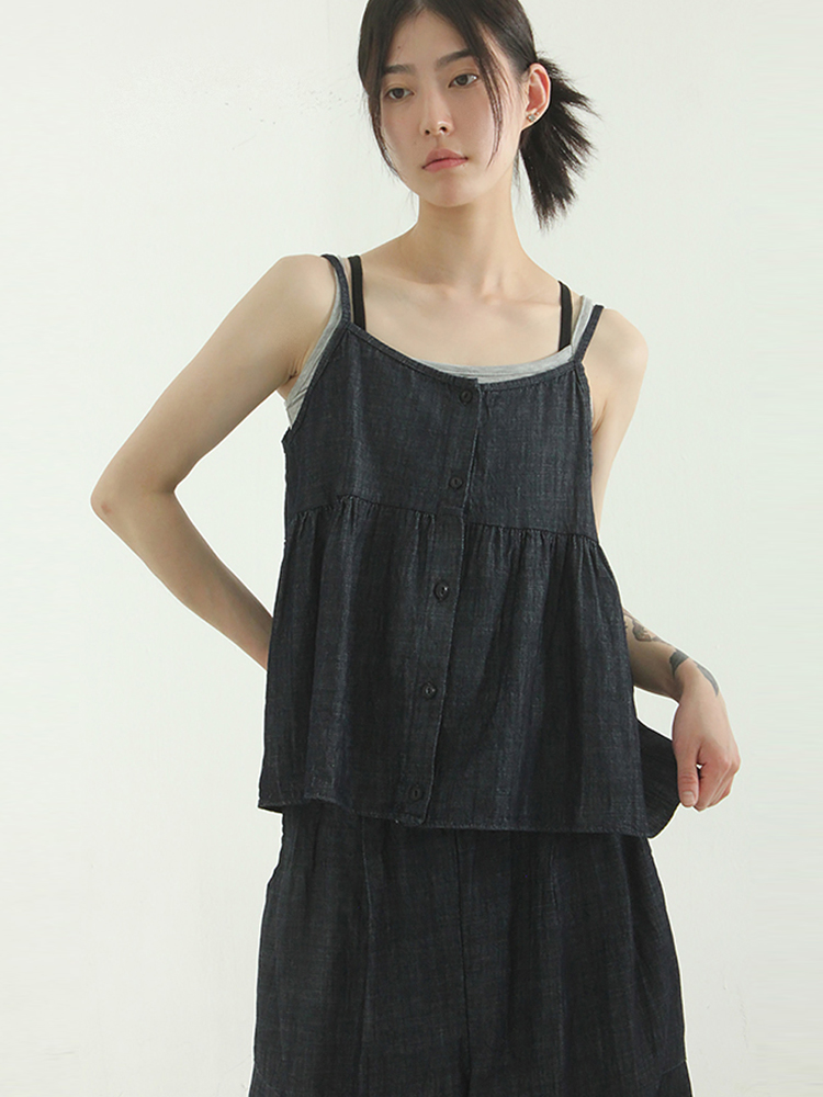 韩国代购23S/S indigo denim flare sleeveless top 牛仔吊带背心 女装/女士精品 背心吊带 原图主图