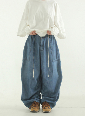 韩国代购denim fatigue pocket string balloon pants 牛仔裤抽绳