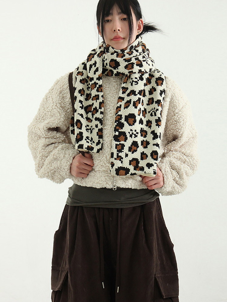 韩国代购23F/W leopard pattern knit muffler 豹纹针织围巾百搭