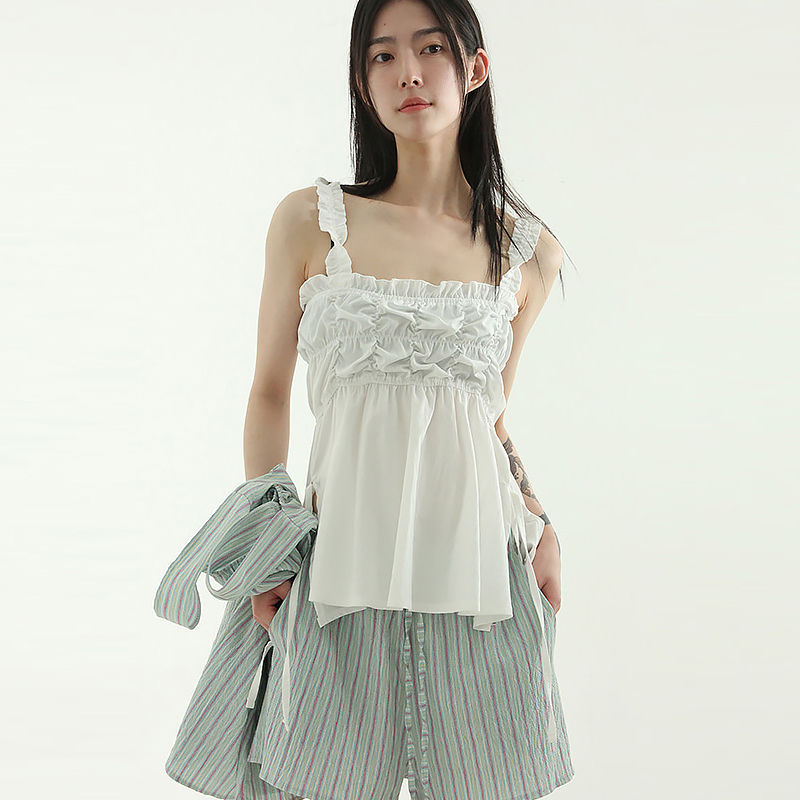 韩国代购25S/S shirring slit flare sleeveless top褶皱吊带背心