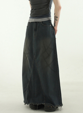 韩国代购24S/S scratched dark blue denim long skirt 牛仔裙女