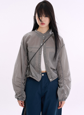 韩代Raucohouse Cool ripstop see-through shirring crop jacket