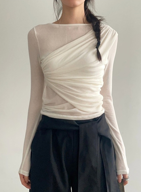 adelio韩代 diagonal shirring span tee设计师层叠微透长袖T恤