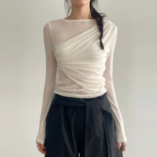 adelio韩代 diagonal shirring span tee设计师层叠微透长袖T恤