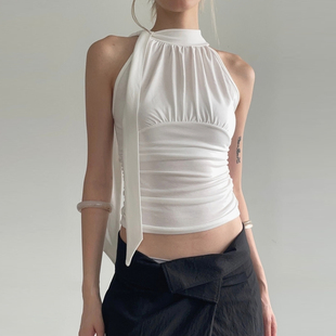 adelio韩代 motive shirring tie tee 褶皱无袖T恤上衣背心百搭