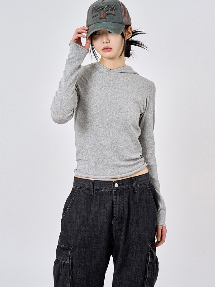 韩国代购 Raucohouse Sheer slim hood T-shirts 长袖兜帽T恤女