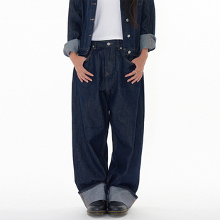 roll denim 韩代Raucohouse 深蓝宽松牛仔裤 fade pants Non