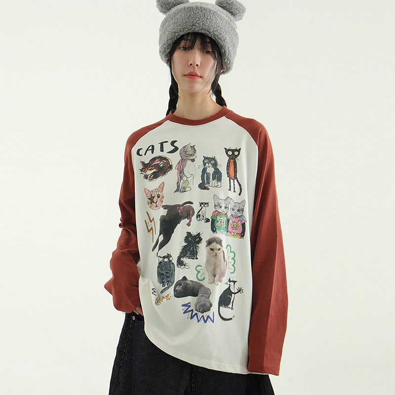 韩国代购25A/W cats printed raglan cotton tee猫咪印花插肩长袖