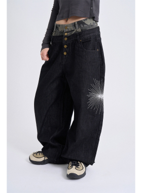 Raucohouse韩代 Deep indigo camo sagging denim pants 牛仔裤