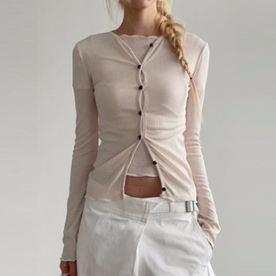 adelio韩代25 biki bean button cardigan 褶边修身微透开衫