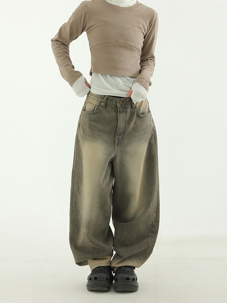 国内现货！ oversize khaki beige boy jean做旧染色宽松牛仔裤女