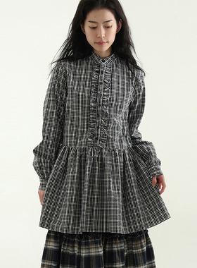韩国代购25S/S henly neck frill check mini ops 格子长袖连衣裙