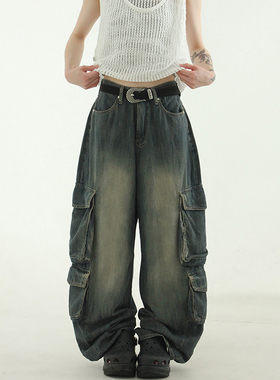 韩国代购24S/S dark blue multi pocket wide jean口袋牛仔工装裤