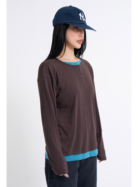 Raucohouse韩代 Henley neck layered long sleeves假两件长袖T恤