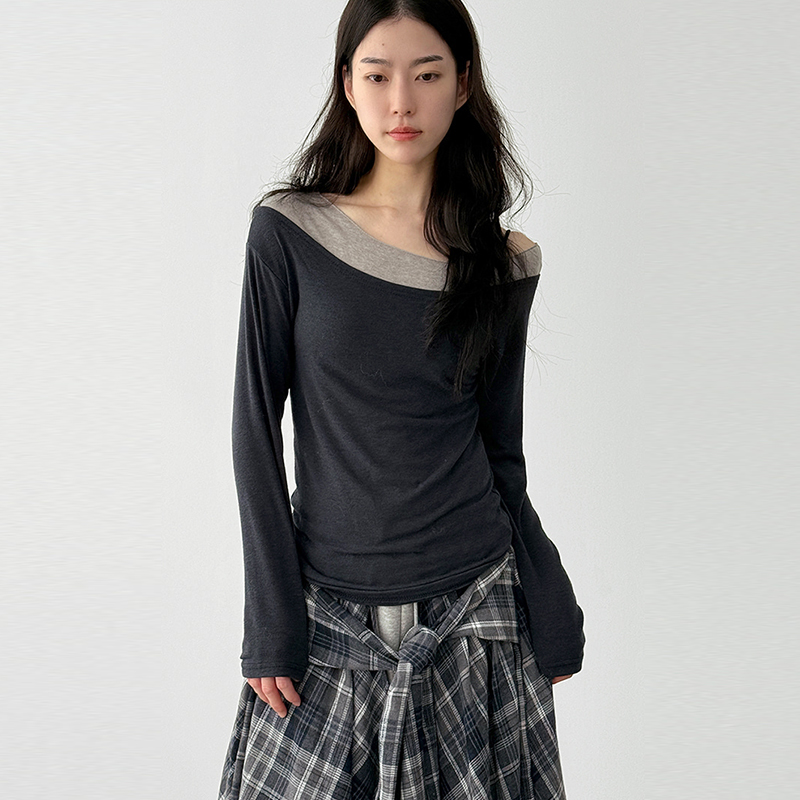 韩国代购25F/W layered neck wool tee 设计师款假两层长袖T恤女