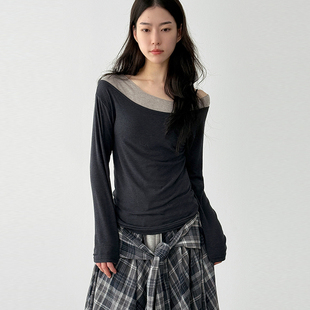 韩国代购25F/W layered neck wool tee 设计师款假两层长袖T恤女