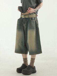 韩国代购23S/S khaki blue denim half pants (uniesx)牛仔半腿裤