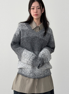 韩国代购25F/W V neck gradation knit 设计师款V领渐变针织毛衣