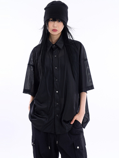 韩代Raucohouse Ton mesh jersey mixed half shirt镂空短袖衬衫