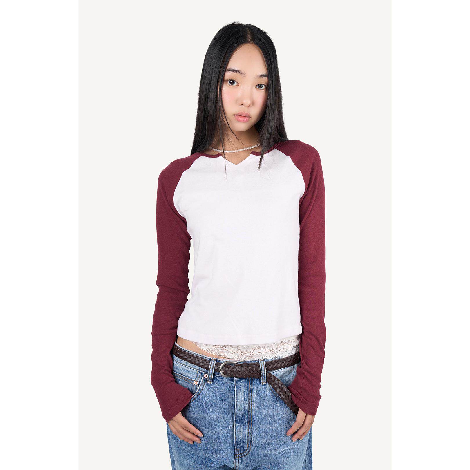 Raucohouse韩代 Peach Raglan Slim Long Sleeve 拼色长袖T恤百搭