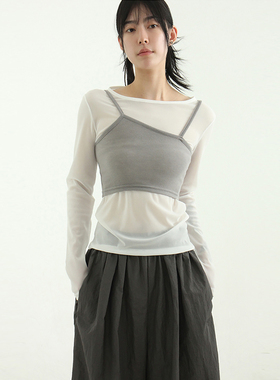 韩国代购24S/S layered mesh top 设计师款半透长袖吊带组合百搭