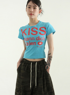 韩国代购25S/S KISS printed cotton half tee 字母印花短袖T恤