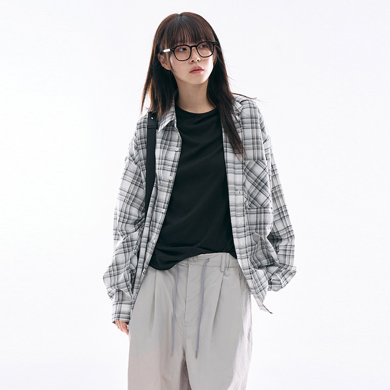 Raucohouse韩代长袖宽松格子衬衫
