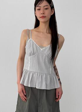 韩国代购26S/S cotton lace frill sleeveless top 蕾丝吊带背心