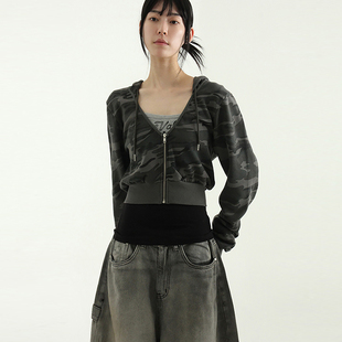 zip camo neck deep pattern up迷彩帽衫 韩国代购 hood 25A