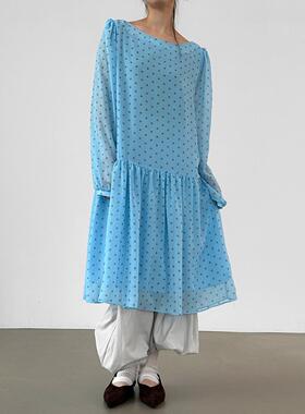 Localmansion韩代26 dot chiffon midi ops 设计师波点长袖连衣裙
