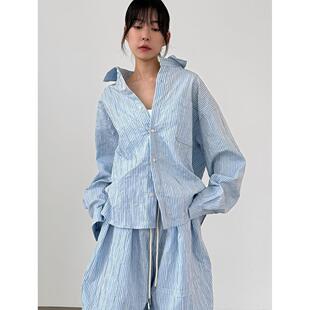 韩国代购26S/S seersucker stripe shirt (unisex) 条纹长袖衬衫